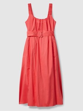 Reiss Women’s Liza Cotton Ruched Strap Belted Midi Dress in Coral Size 8